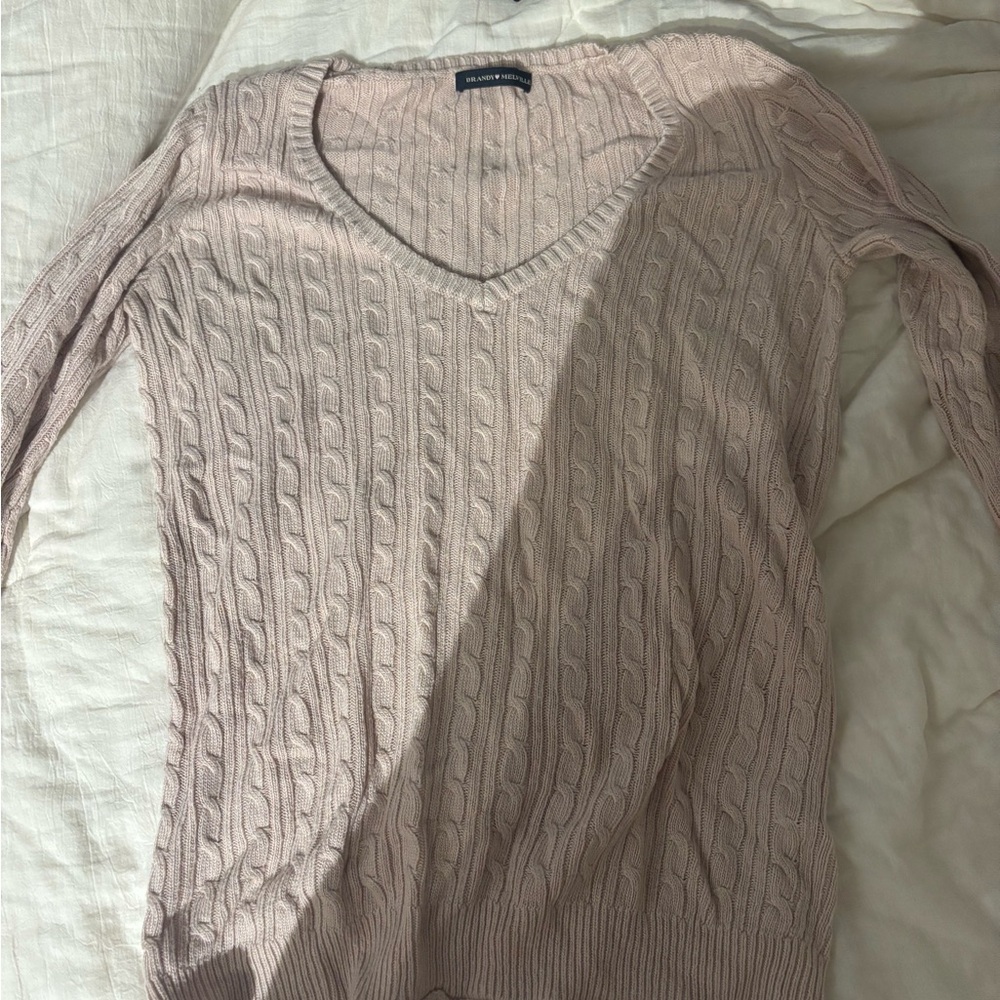 Brandy Melville V-Neck Cable Knit Sweater - Light Pink